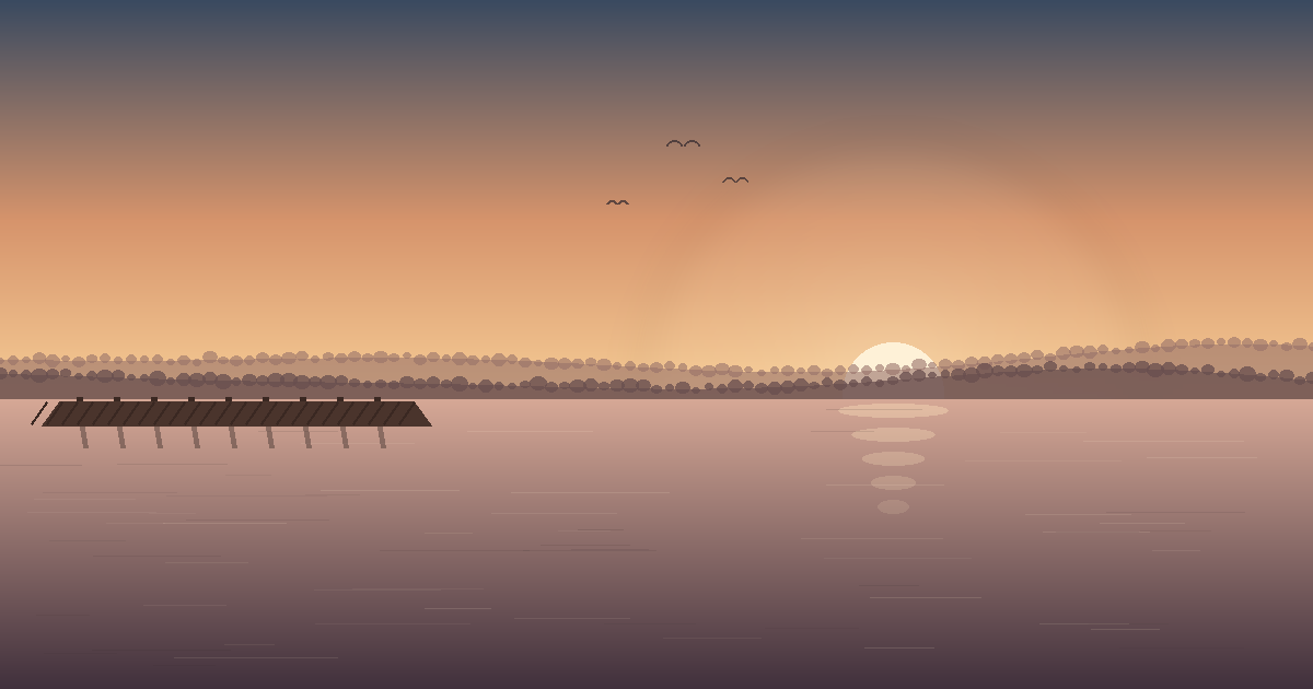 Sunset over a lake in the Irish Hills near Jackson County, Michigan, with a quiet wooden dock in the foreground